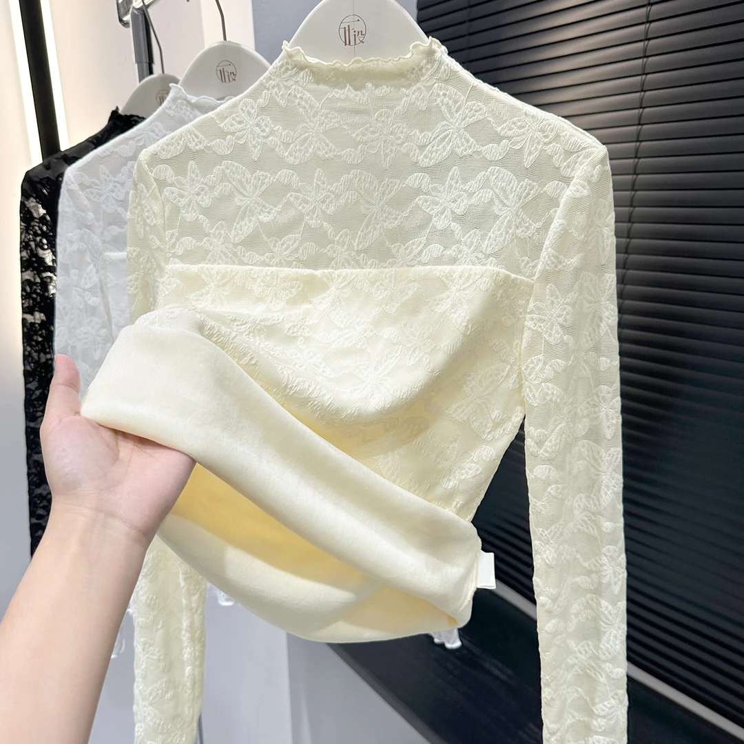 秋冬新款内里加绒保暖打底衫杏色半高领长袖蕾丝衫别致套头上衣女