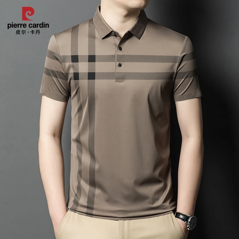 皮尔卡丹【无痕冰丝】夏季短袖polo衫高档弹力休闲格子男士T恤