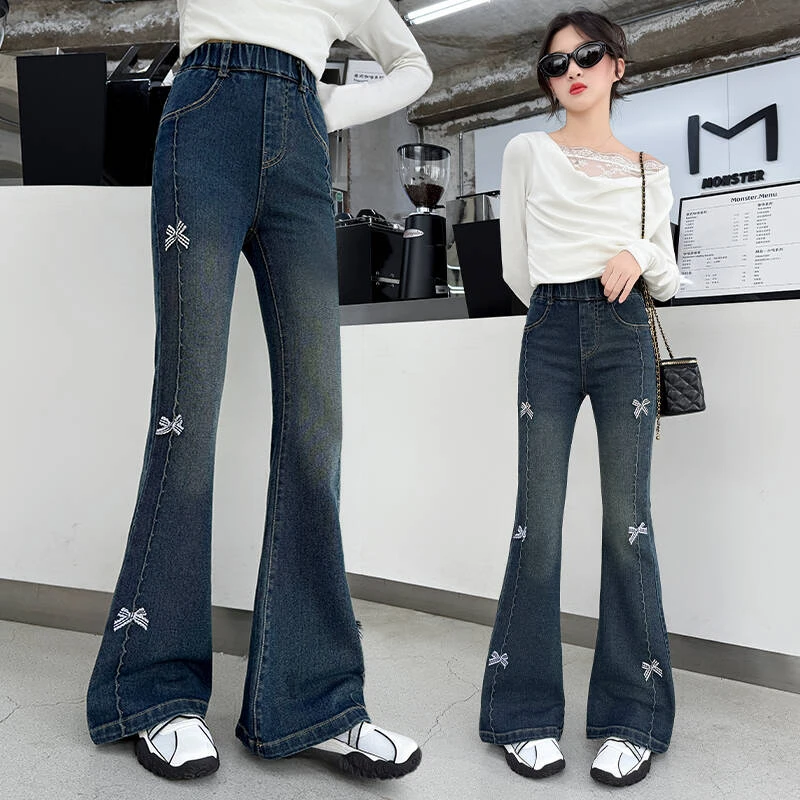 女童裤子牛仔喇叭裤春秋装新款中大童韩版网红微喇裤秋季弹力长裤