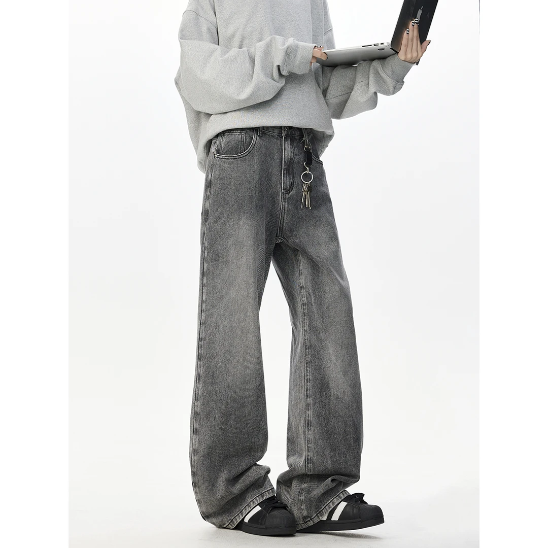 美式复古烟灰色牛仔裤男女拖地宽松直筒阔腿垂坠感裤子潮牌
