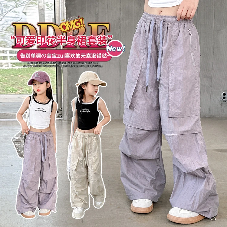 女童工装裤夏季2025新款大童春秋宽松速干运动裤儿童薄款休闲裤子