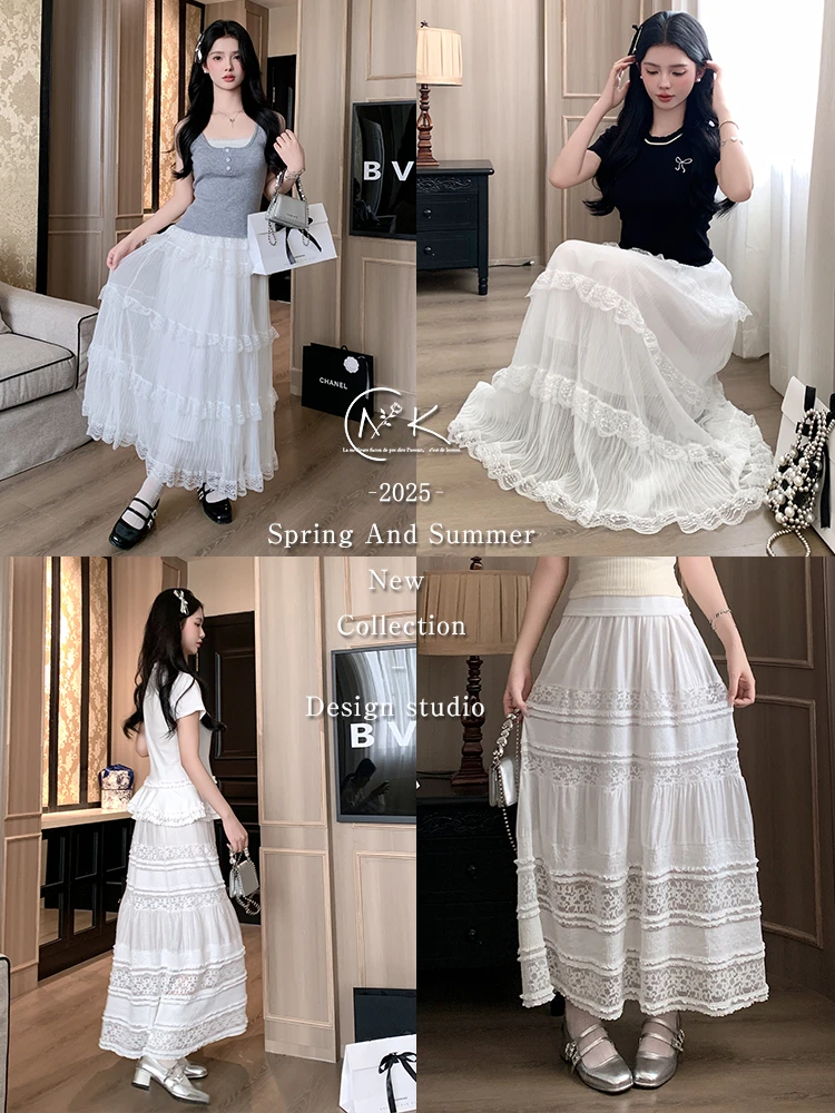 【重工版】奈看温柔白月光百搭中长款显瘦气质少女感度假白色半身裙