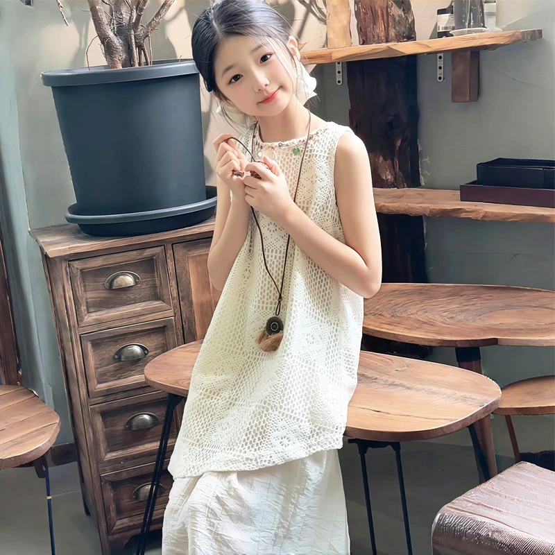 女童夏季连衣裙洋气中大童度假风背心裙儿童波西米亚蕾丝拼接裙子