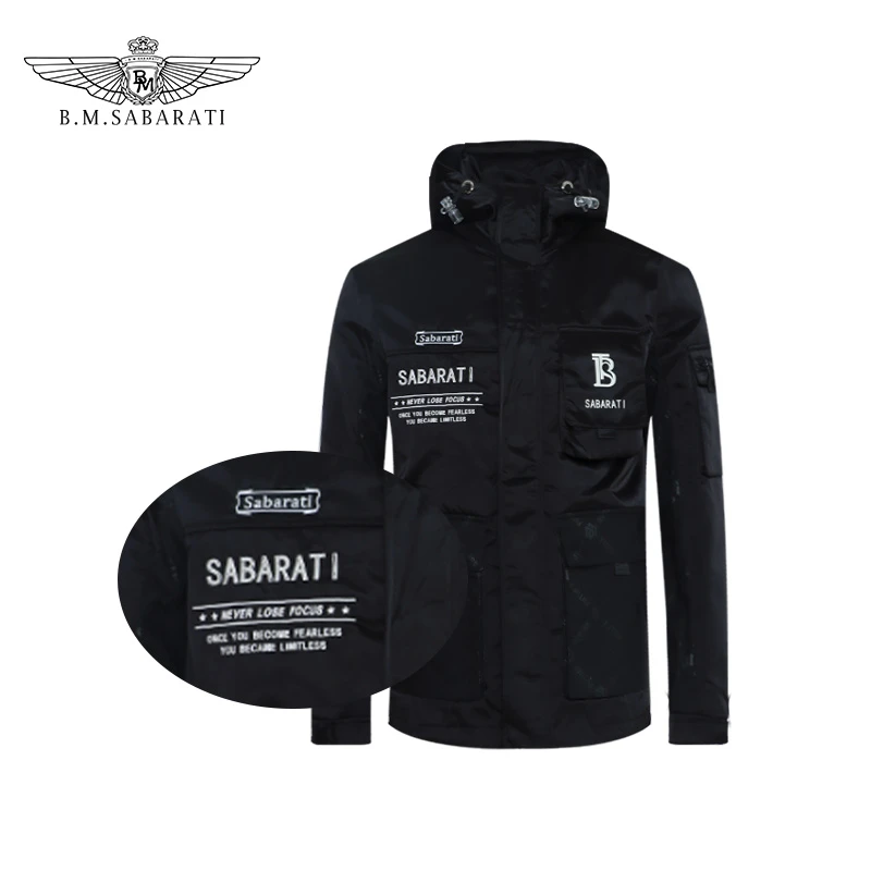B.M.SABARATI 秋冬款男士原创l字母印花链连帽黑色修身长袖夹克W