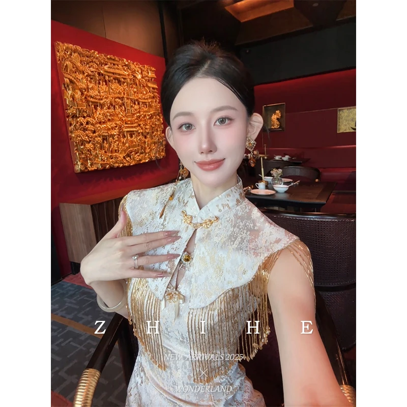 无艳一禾【金棠砚】囍嫁系列女装禅意仙气飘飘新中式提花无袖连衣裙