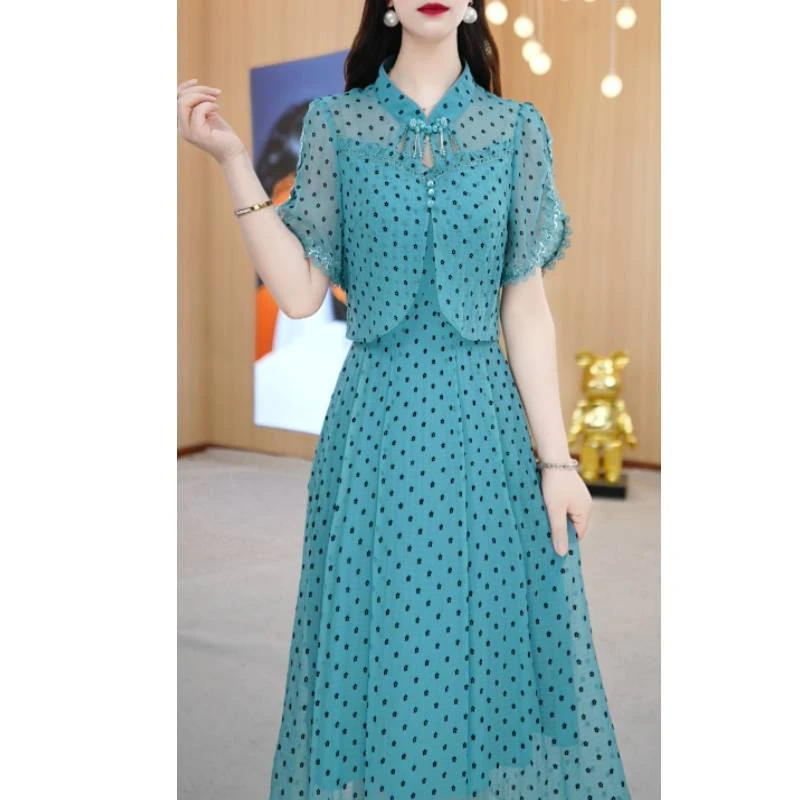 【连衣裙】夏季新款旗袍领气质显瘦时尚法式中长款连衣裙M-4XL