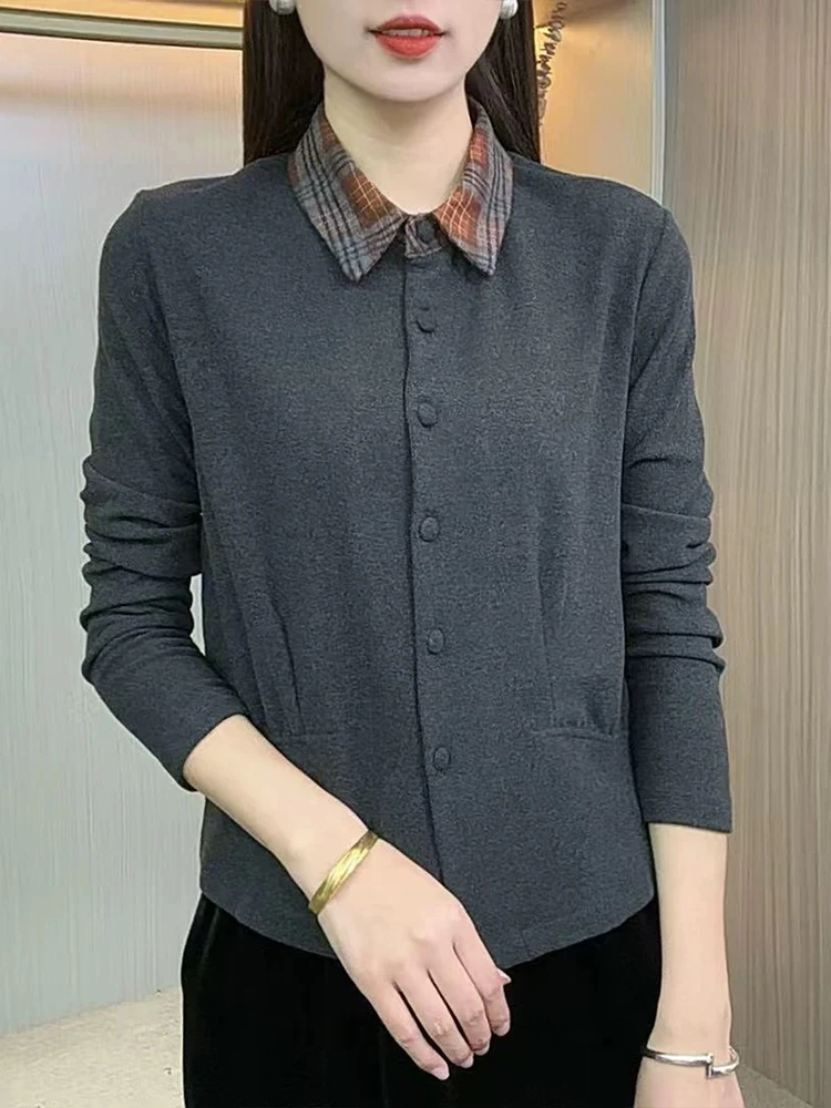 气质格子翻领双面绒打底衫收腰洋气纯色单排扣保暖长袖上衣