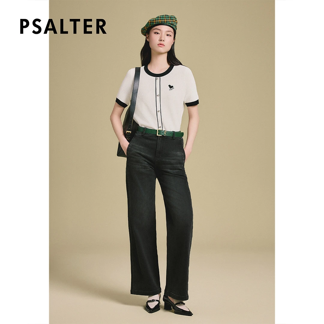 诗篇专选撞色圆领短款修身显瘦正肩短袖针织T恤上衣2025夏季新款