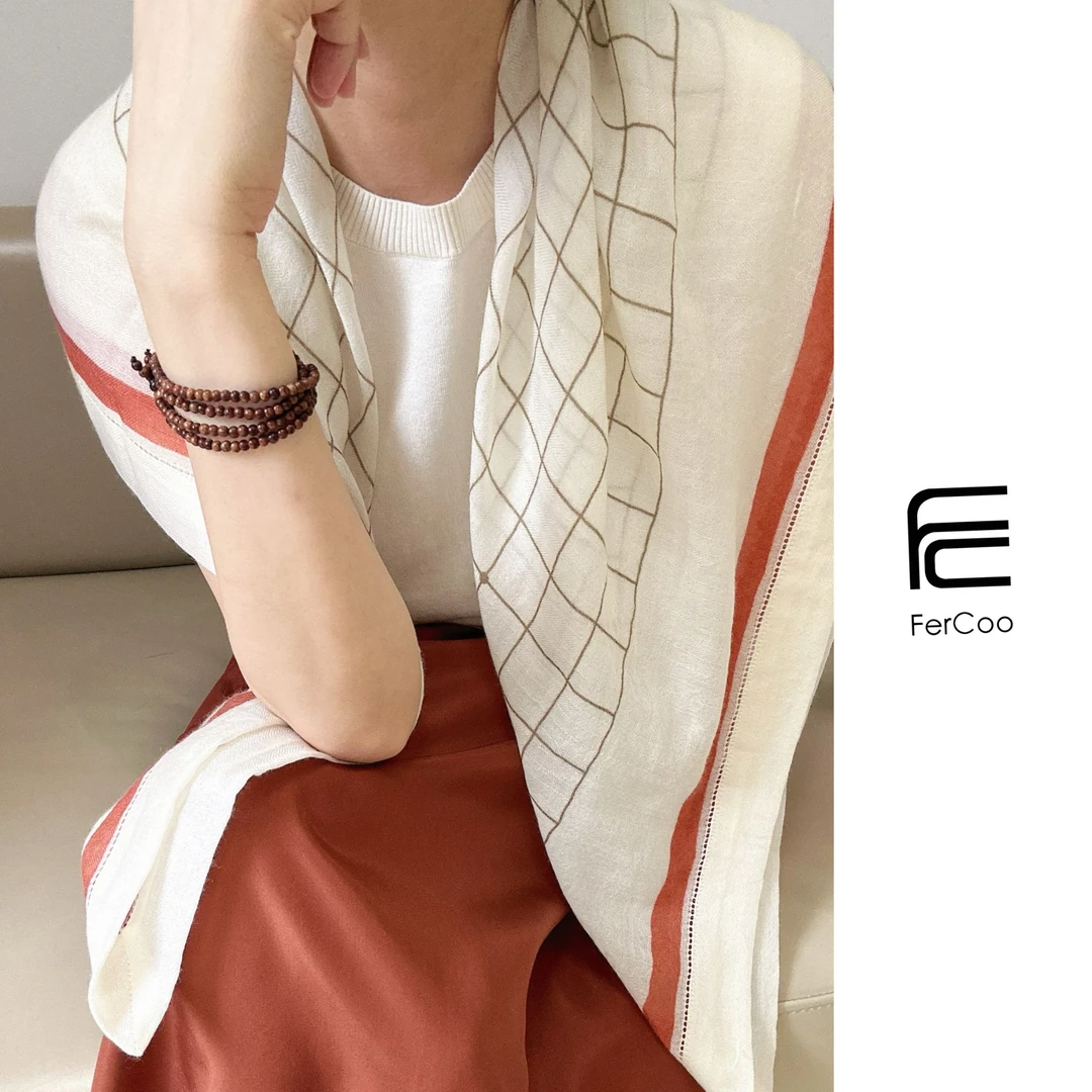 FERCOO四季好用格纹定位印花对丝精纺山羊绒大方巾围巾