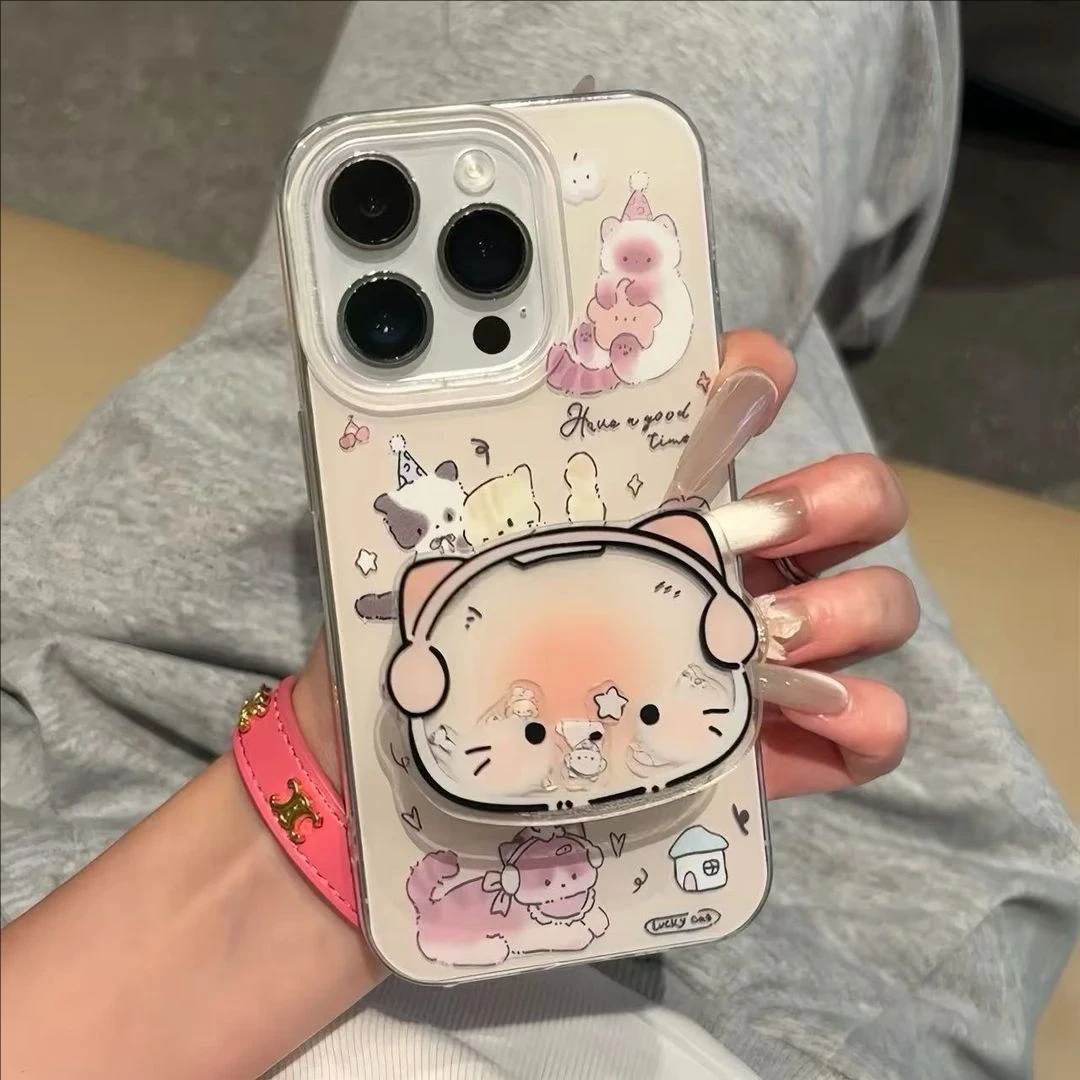 粉蓝猫咪渐变摇摇乐支架适用苹果16/17promax壳卡通小米14/15韩系