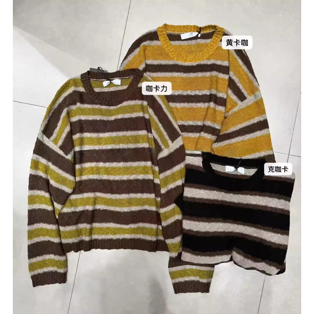 秋韩版宽松休闲慵懒风撞色圆领针织条纹毛衣 60399