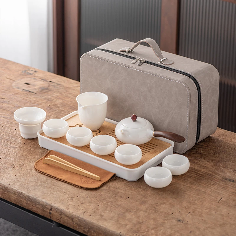 羊脂玉瓷户外功夫茶具套装便携快客茶壶茶杯茶盘银行商务节日礼品