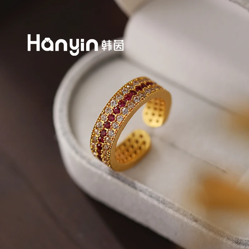 铜合金合成锆石戒指 气质火龙果色三排宽版高级感轻奢开口戒指女