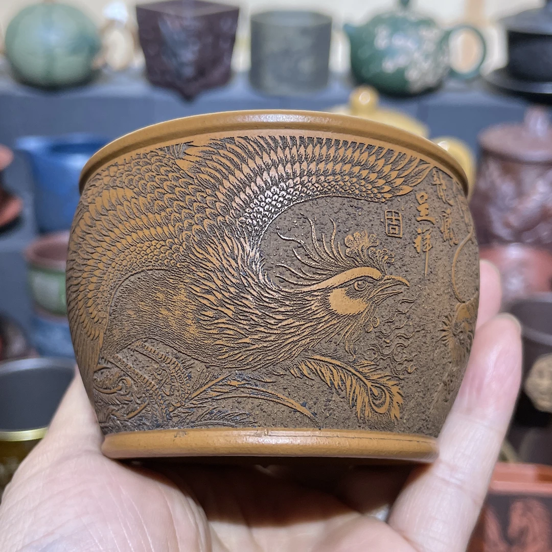 原矿紫砂段泥浮雕龙凤呈祥主人杯130毫升纯手工双层底防熨手茶杯