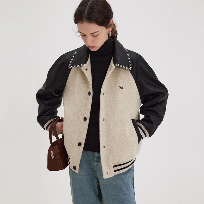 范洛复古学院风 撞色贝壳绣拼皮刺绣棒球服加厚棉衣FD23W136