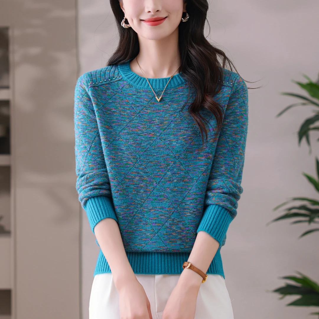 新款女士圆领彩纱毛衣时尚宽松百搭打底衫气质长袖针织衫显瘦上衣