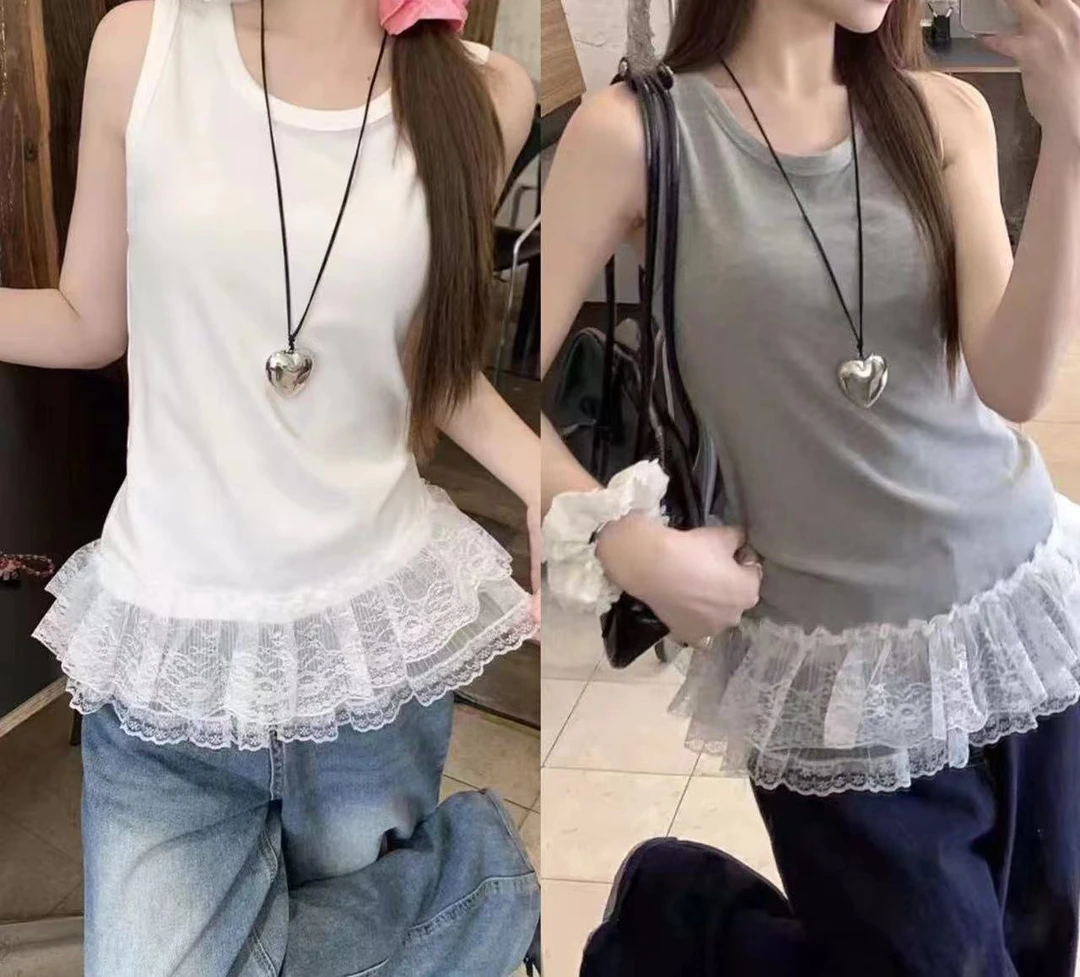 邹先森7060-30新款百搭蕾丝拼接背心内搭叠穿无袖上衣