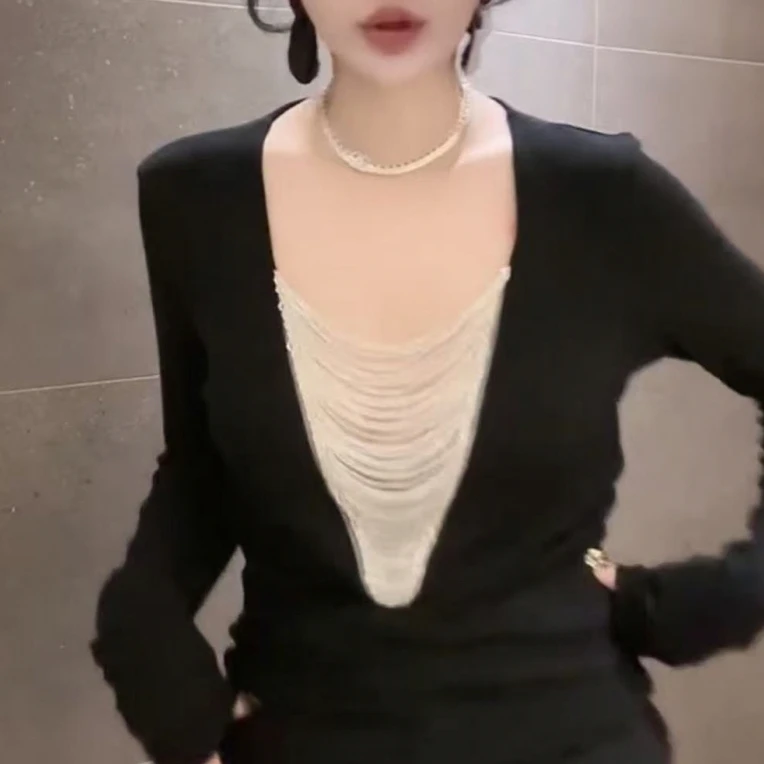 长袖嘻哈风常规型常规款法式T恤黑色气质ins显瘦时尚