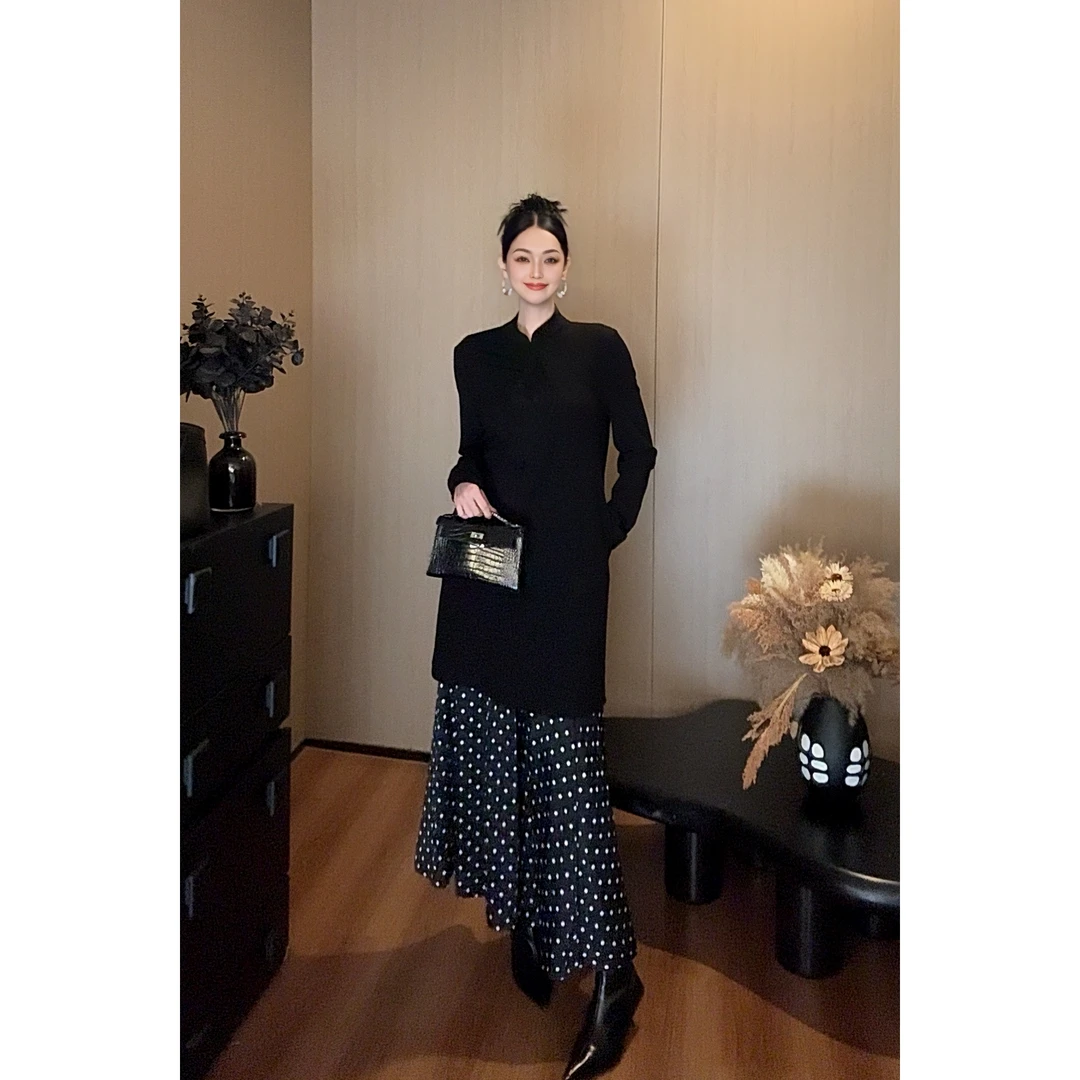 紫紫 暗香 新中式黑色立领盘扣斜襟气质长袖宽松上衣 ZC09LZHJ306