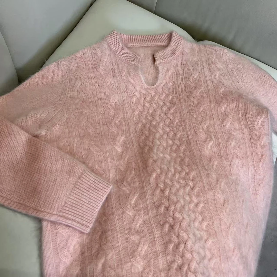 【百分百山羊绒】254337高级感V领拉绒款竖麻花款羊绒衫软糯时尚款