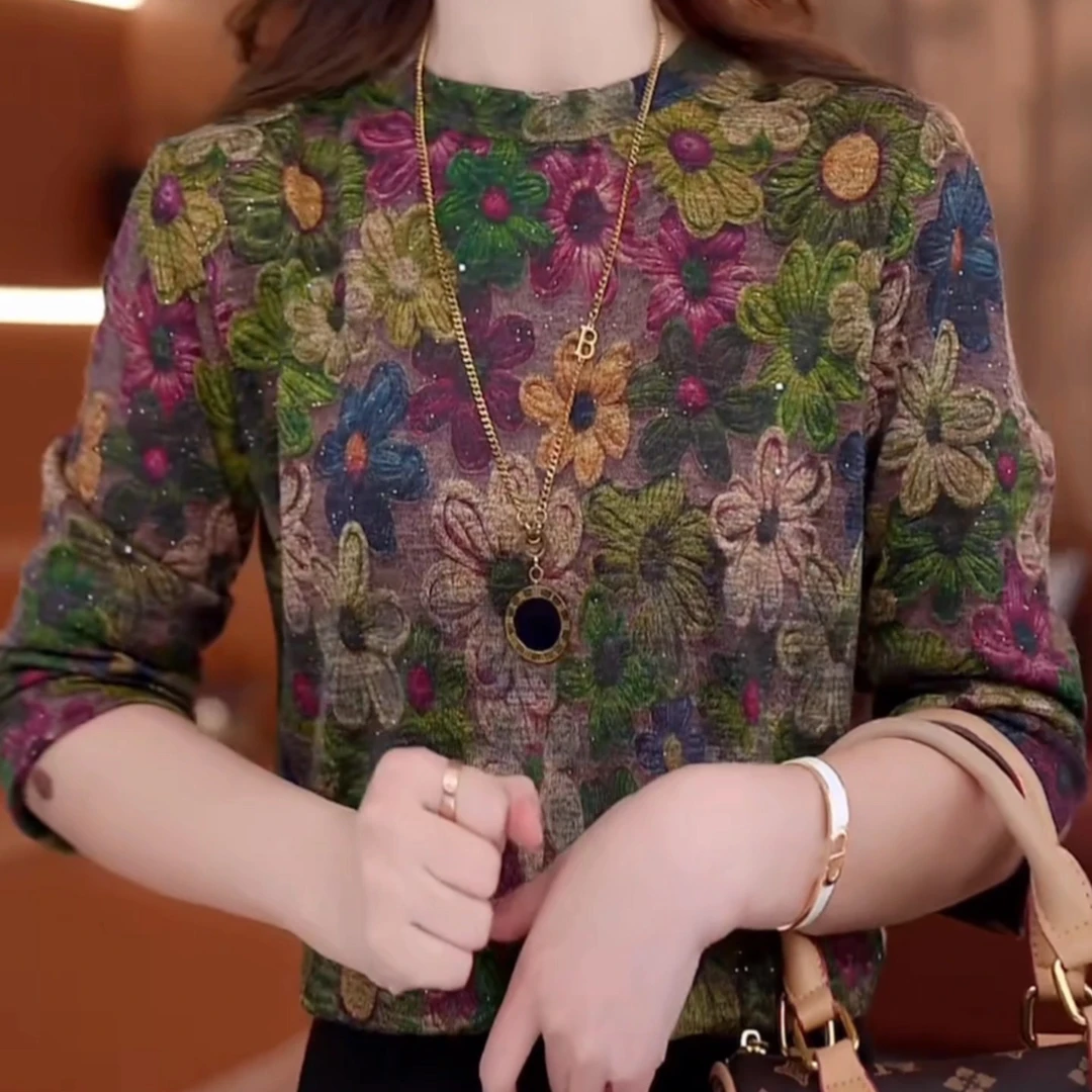 圆领德绒T恤打底衫女长袖大码宽松遮肉显瘦印花小衫洋气百搭上衣