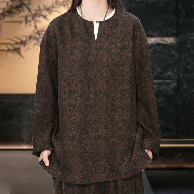 【再易】2025新款褐染沙罗绉香云纱桑蚕丝男士长袖T恤上衣ZY0330S