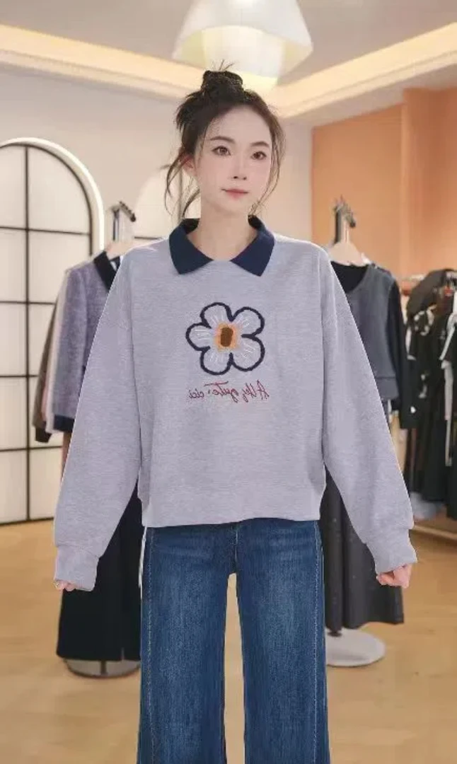 F翻领刺绣长袖卫衣女款春秋季新款爆款时尚洋气上衣