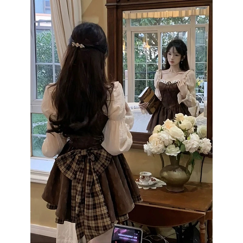 胖mm法式复古甜美蝴蝶结方领连衣裙女秋季大码纯欲收腰公主蓬蓬裙