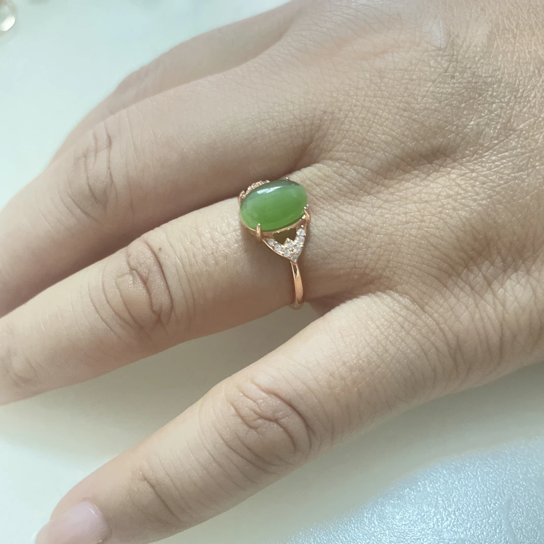 碧玉老坑满绿蛋面女款菠菜绿镶嵌可调节