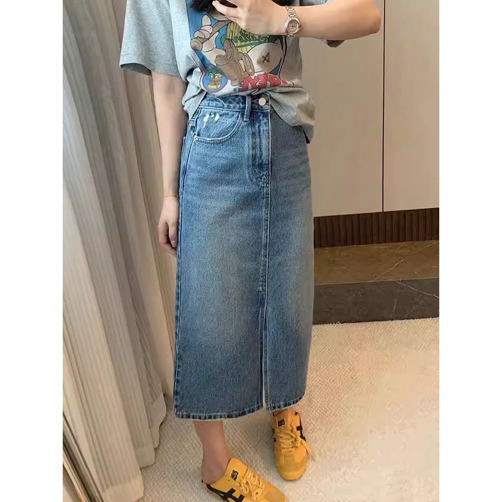 韩版时尚百搭牛仔半身中长裙2025夏季新款高腰前开叉显瘦半身裙子