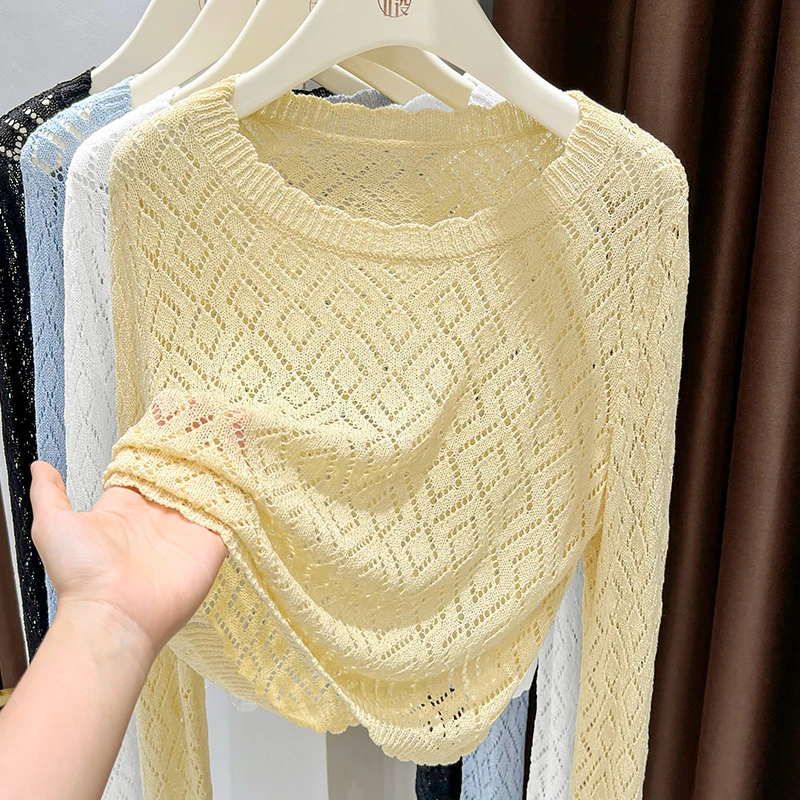 设计感镂空罩衫上衣女2025夏季黄色花边圆领高级感长袖T恤针织衫