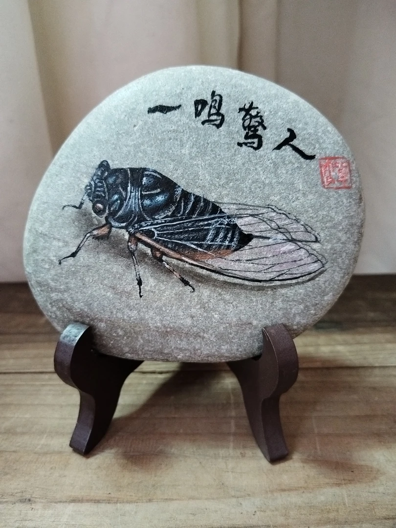 手绘石头画蝉一鸣惊人（石头尺寸长12×高10cm左右）