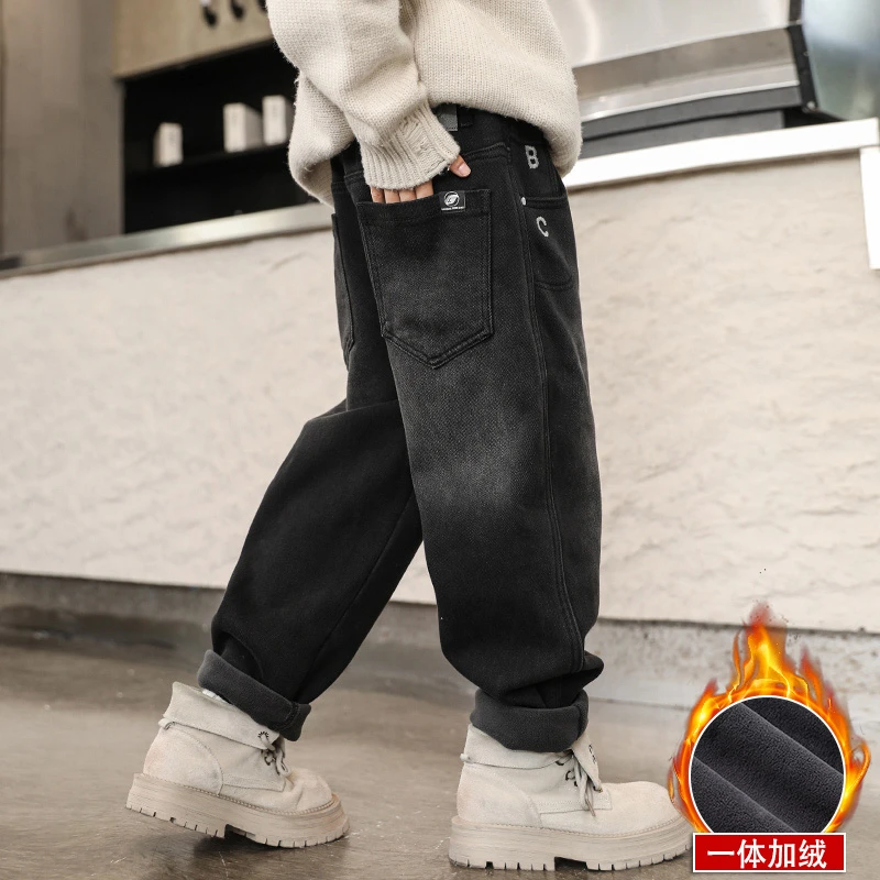男童加绒裤子冬季加厚大儿童一体绒阔腿牛仔裤秋冬款2025新款帅气