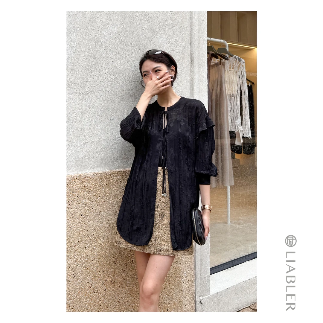 LIABLER M25春夏压皱暗纹抽绳立领长袖上衣 LSS25215J