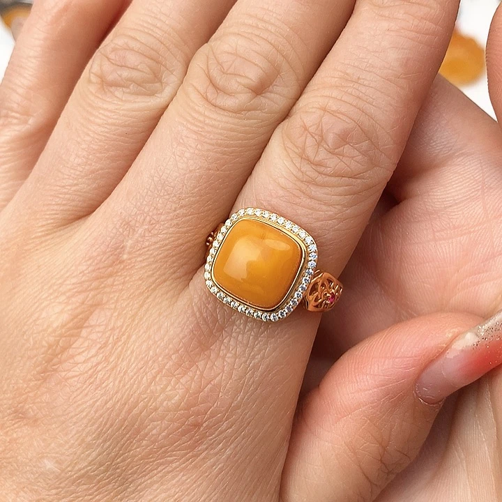 蜜蜡戒指银S925镶嵌戒指