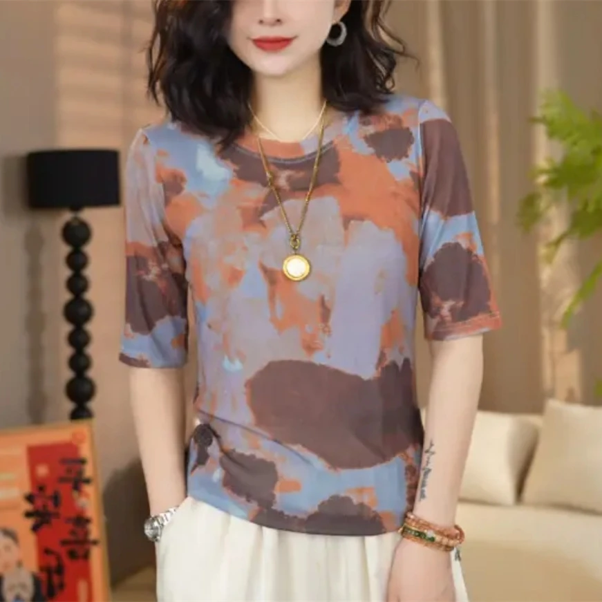 夏季新款时尚圆领印花中袖T恤女中老年妈妈修身显瘦洋气百搭上衣