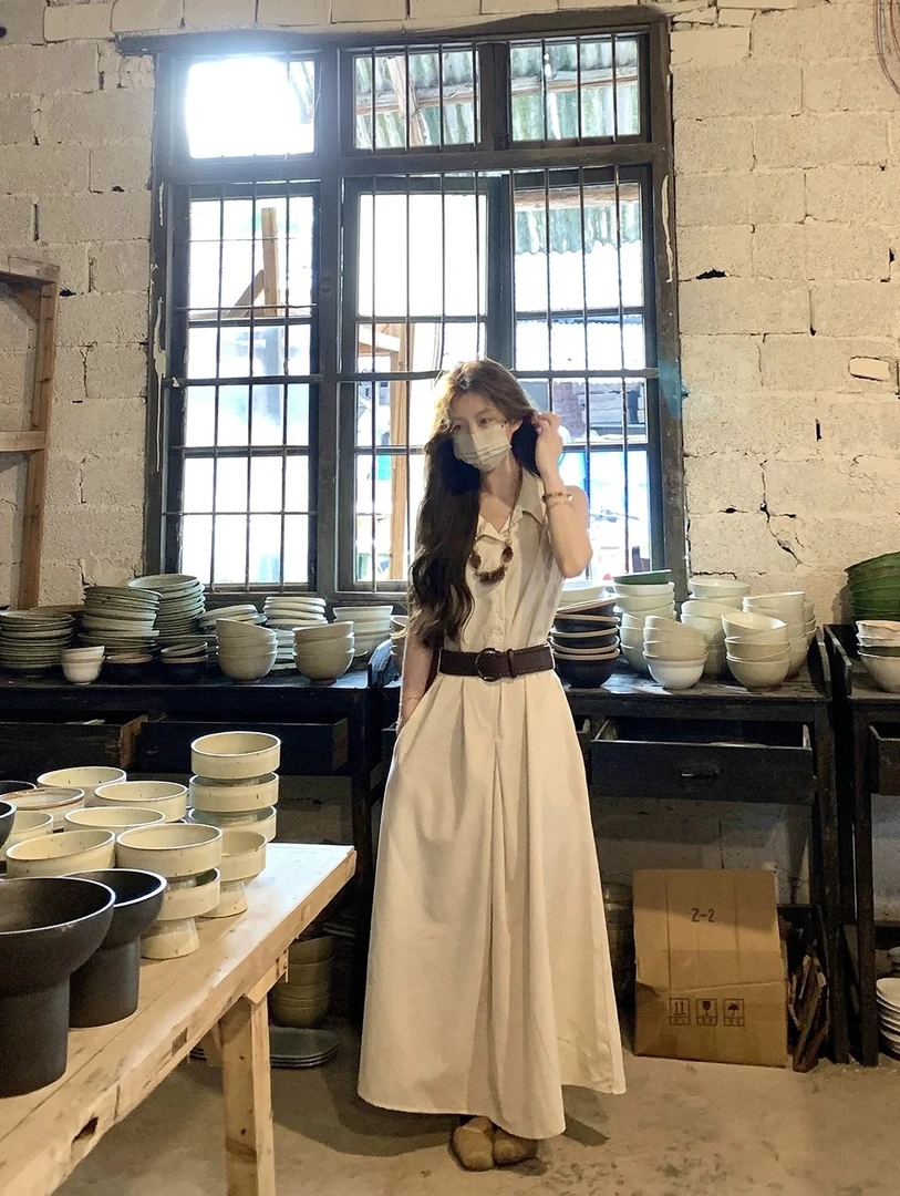 早秋限定 法式复古棉麻无袖连衣裙28672