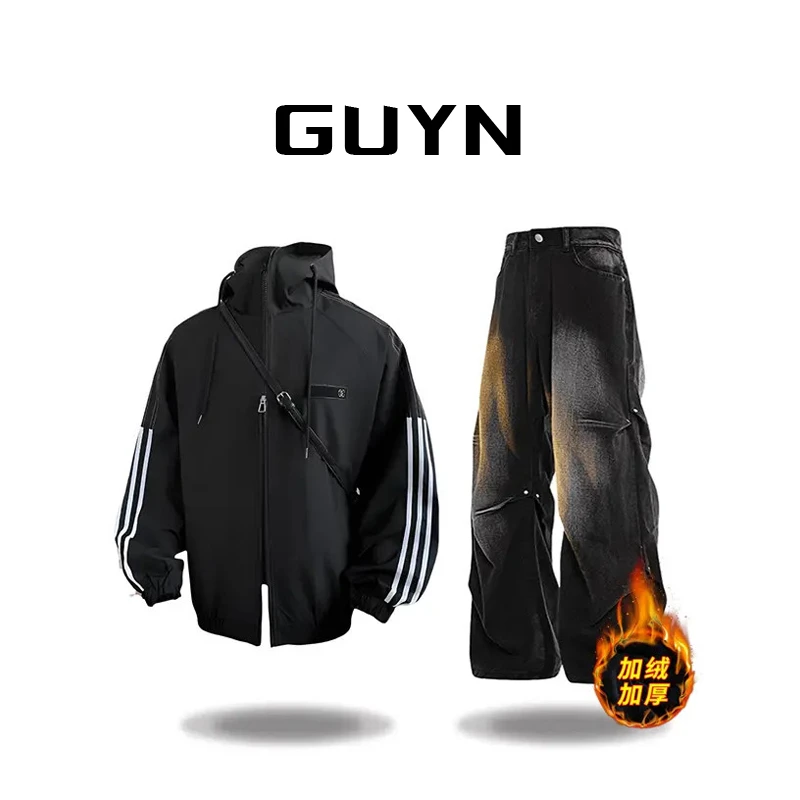 【品牌正品现货】GUYN三条纹连帽冲锋衣男士机能防风外套立领夹克男
