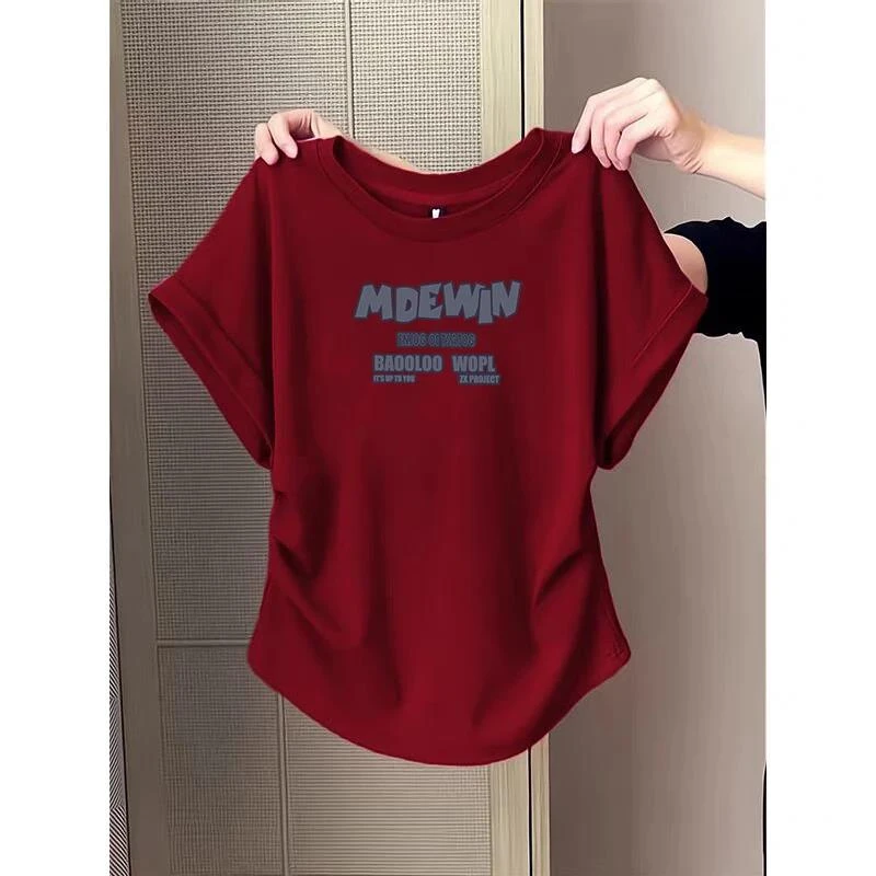 大码胖mm设计感圆弧下摆短袖T恤女士夏季猜呀辣妹修身显瘦上衣ins