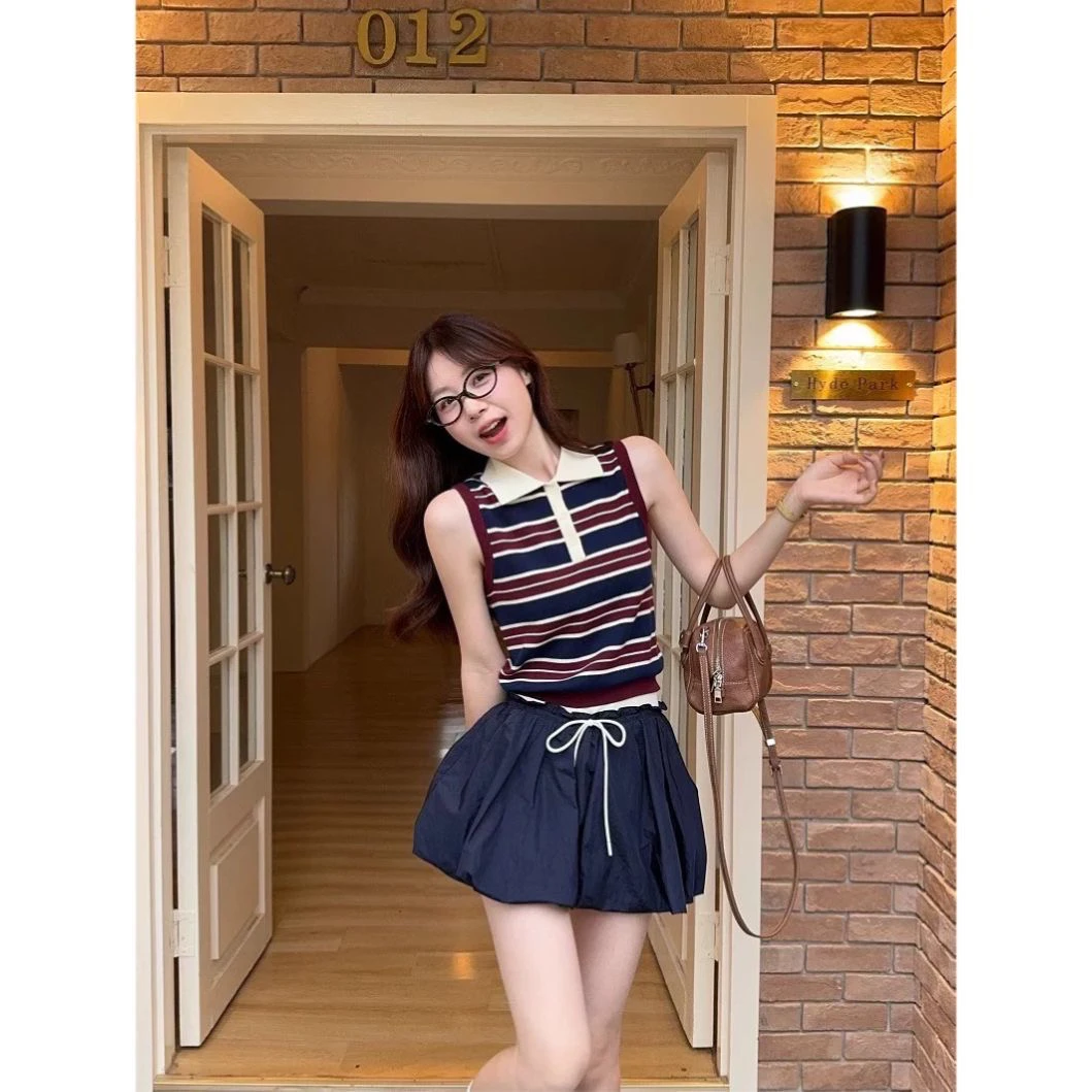 复古甜妹套装POLO领条纹背心女夏季新款高腰显瘦半身裙两件套装