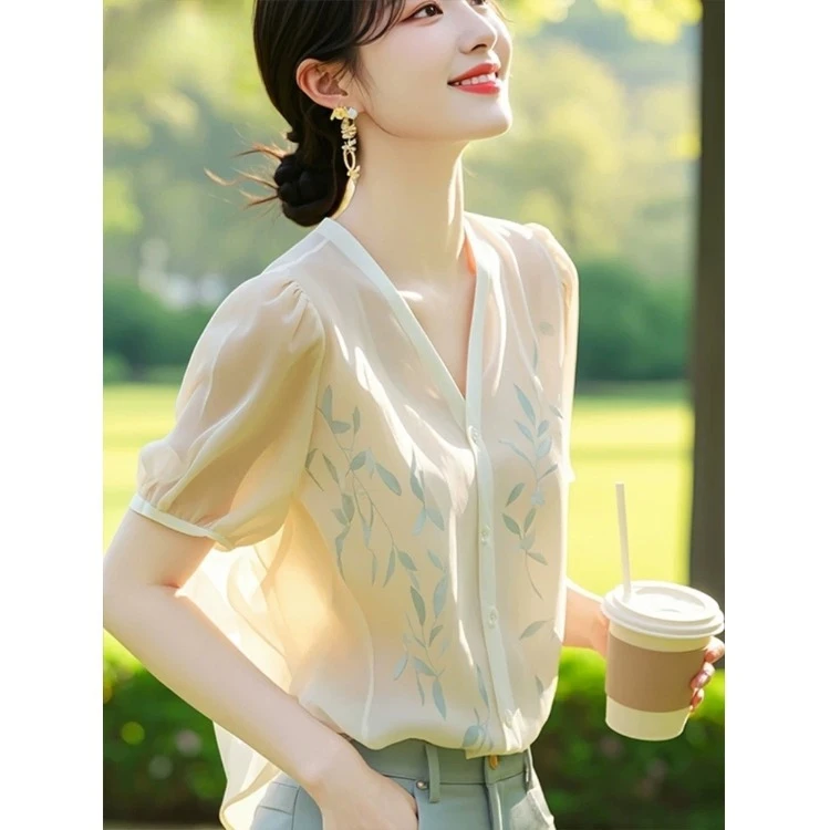 韩系chic别致漂亮配裙子的洋气小衫上衣轻熟法式小众衬衫短袖女夏