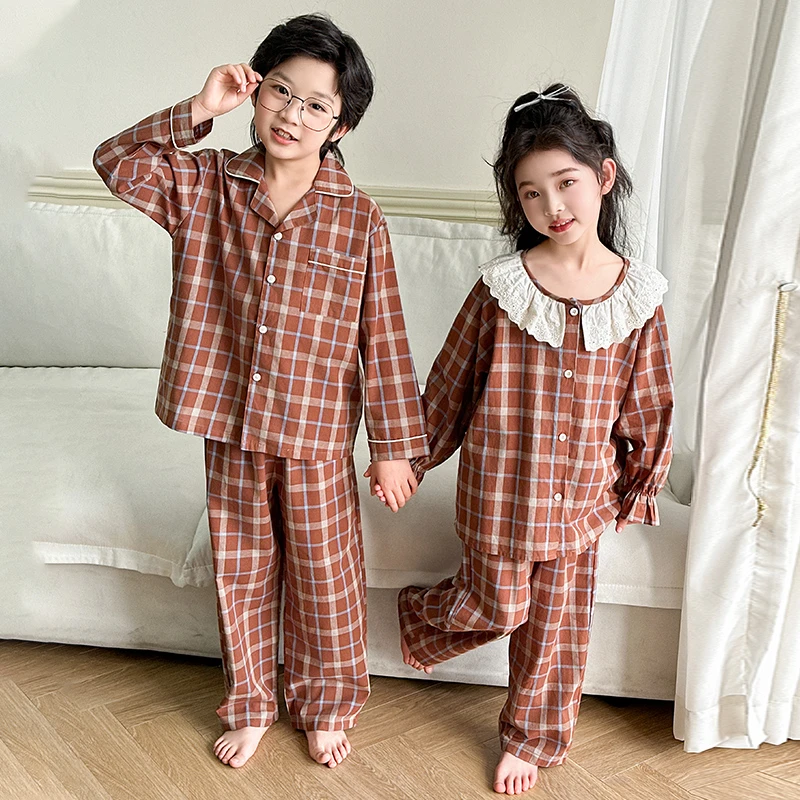儿童春秋睡衣女童纯棉家居服2025新款儿童春季格子长袖长裤空调服