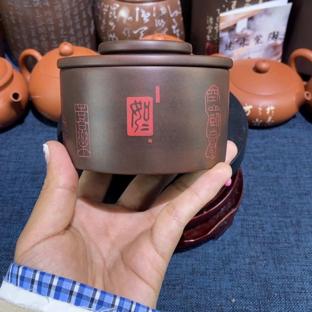 1建水紫陶手工彩填斗茶罐