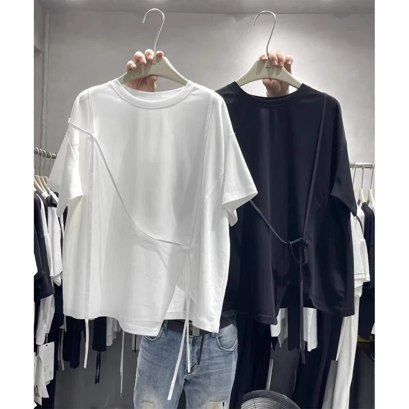 特大码300斤小众设计感短袖T恤男装夏季宽松不规则系带半袖上衣潮