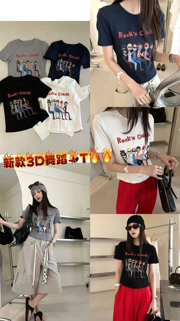 3R3正肩纯棉短袖t恤女夏2025新款小个子字母印花卡通短款打底上衣