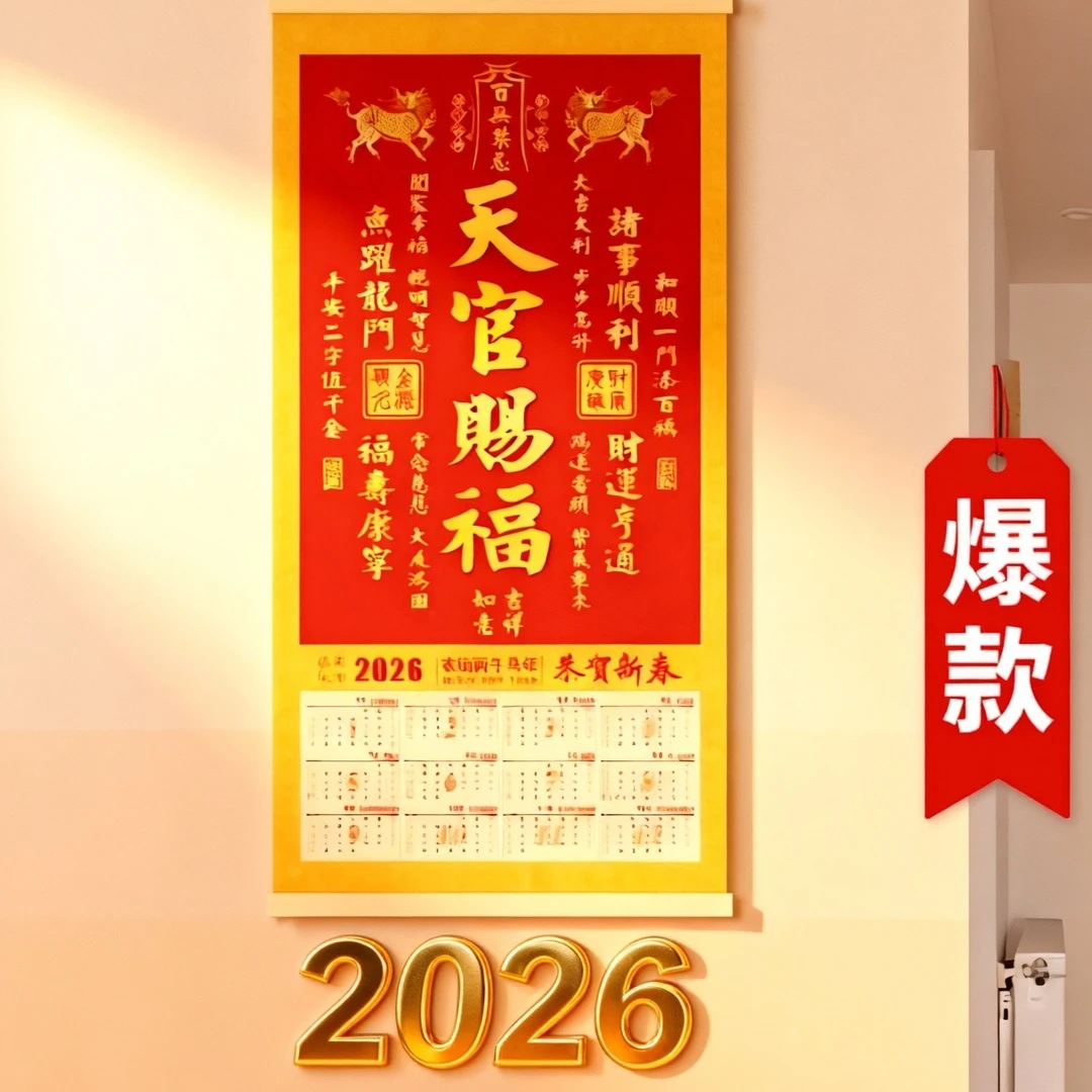 2026年新版天官赐福麒麟纹挂历马年挂历恭贺新春吉祥喜庆装饰挂画