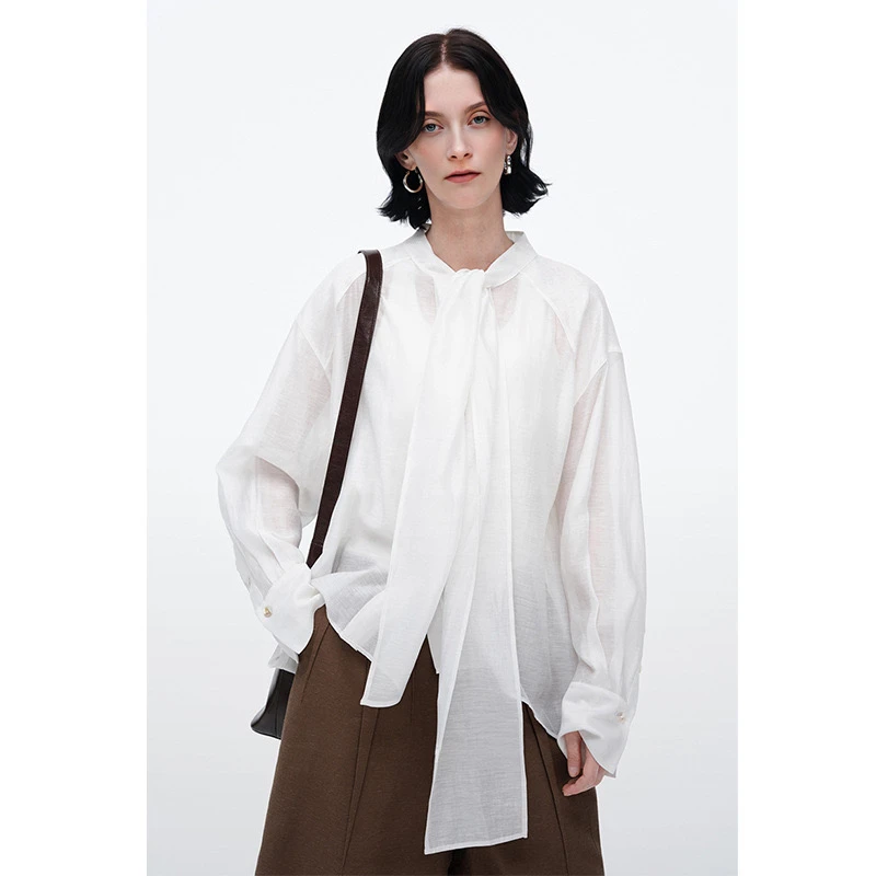 JUNJJ【欧若风衬衫】莱赛尔醋酸天丝法式飘带白色衬衫女气质衬衣女