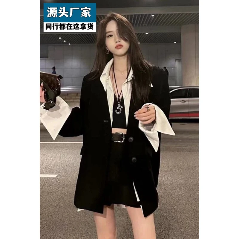 梵乐芬套装女2025早秋新款韩版高级感假两件西装外套半身裙裤子两