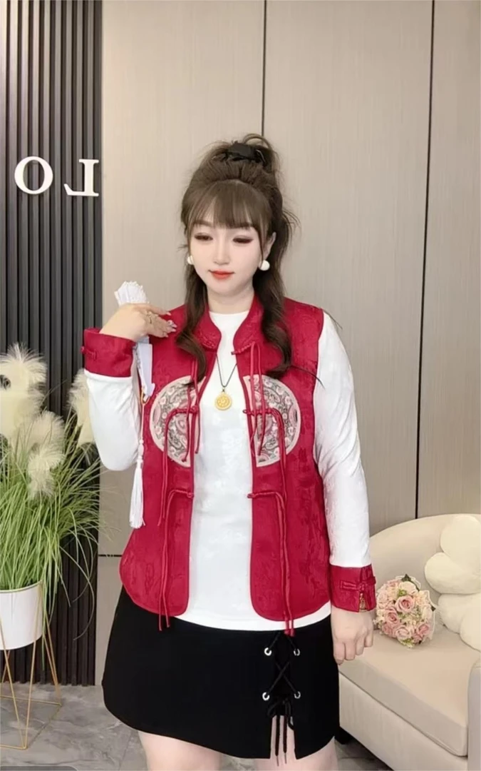 新年纯色民族风长袖T恤马夹两件套提花时尚红色冬季百搭撞色秋冬