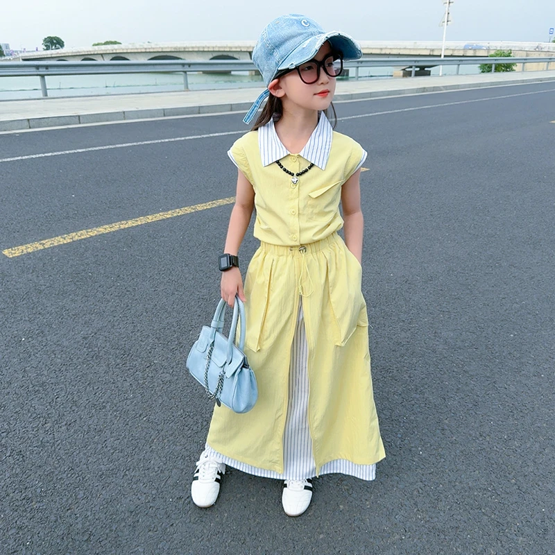 浅黄色条纹短袖衬衫夏款套装女童2025中大童女孩半身裙潮酷两件套